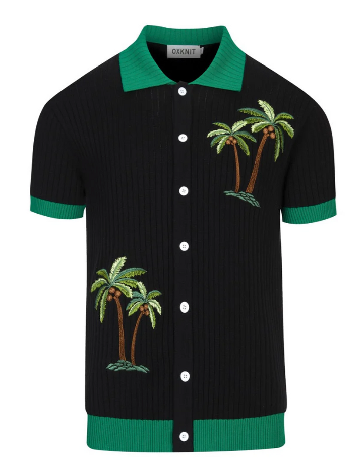 Black Striped Coconut Tree Embroidered Knitted Cardigan