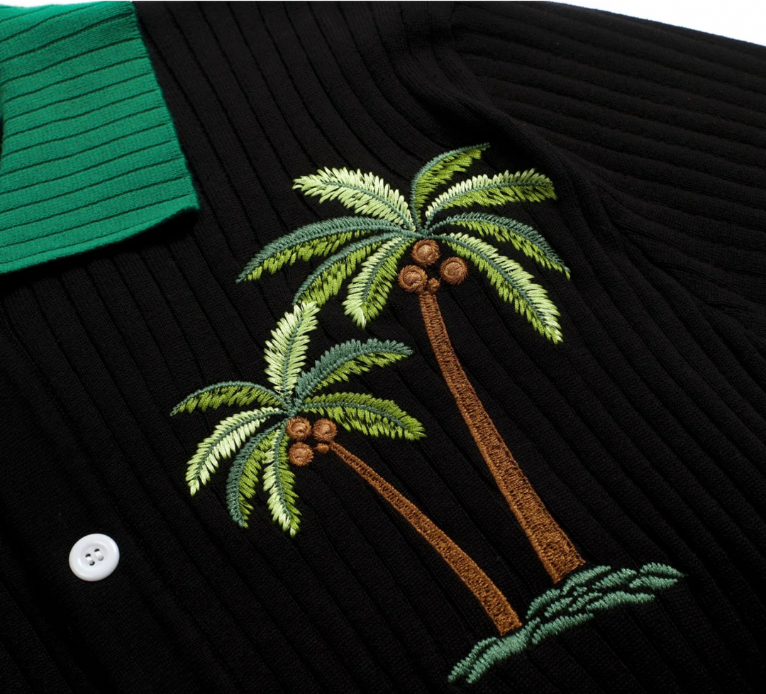 Black Striped Coconut Tree Embroidered Knitted Cardigan