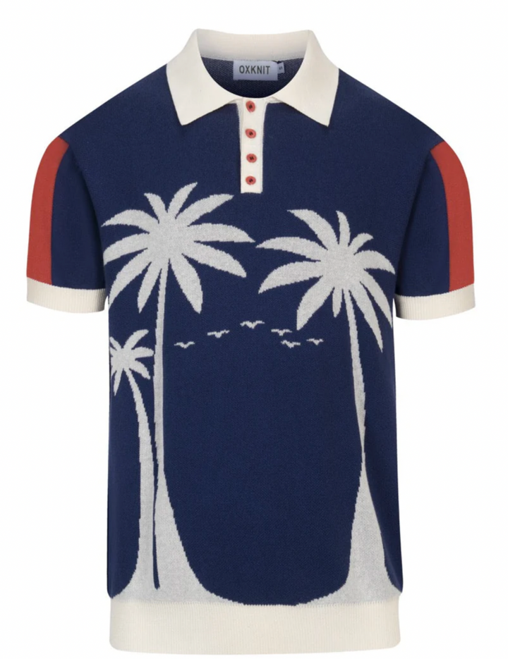 Dark Blue Vintage Coconut Tree Jacquard Polo Knit Shirt