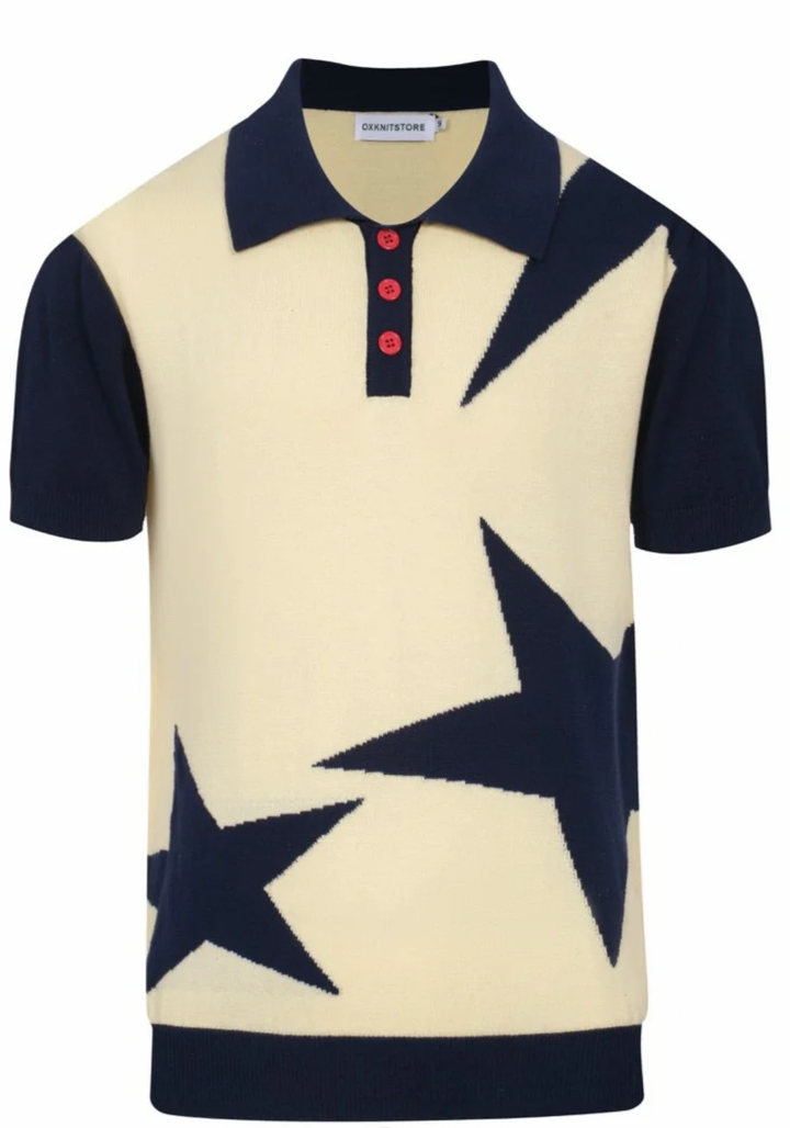60s Star Print Knit Polo Navy & Cream Retro Mod Style