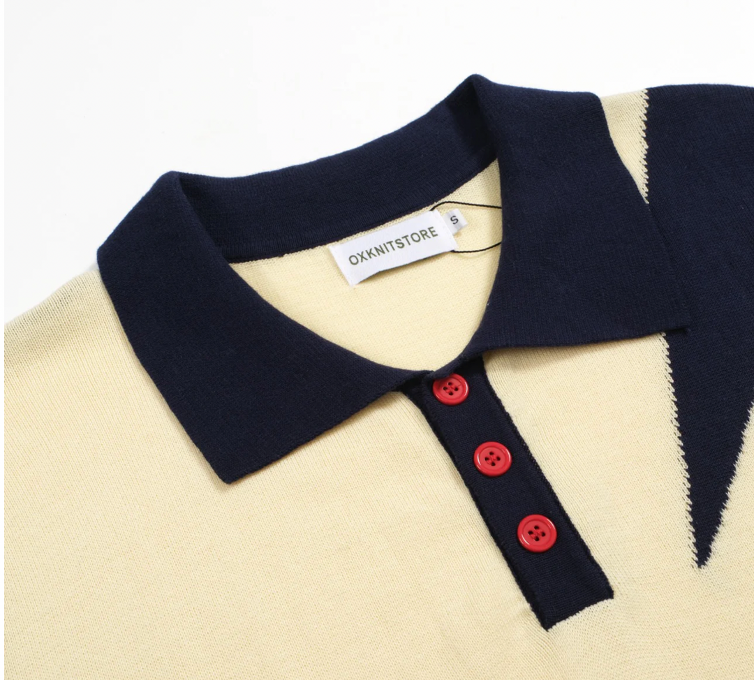 60s Star Print Knit Polo Navy & Cream Retro Mod Style
