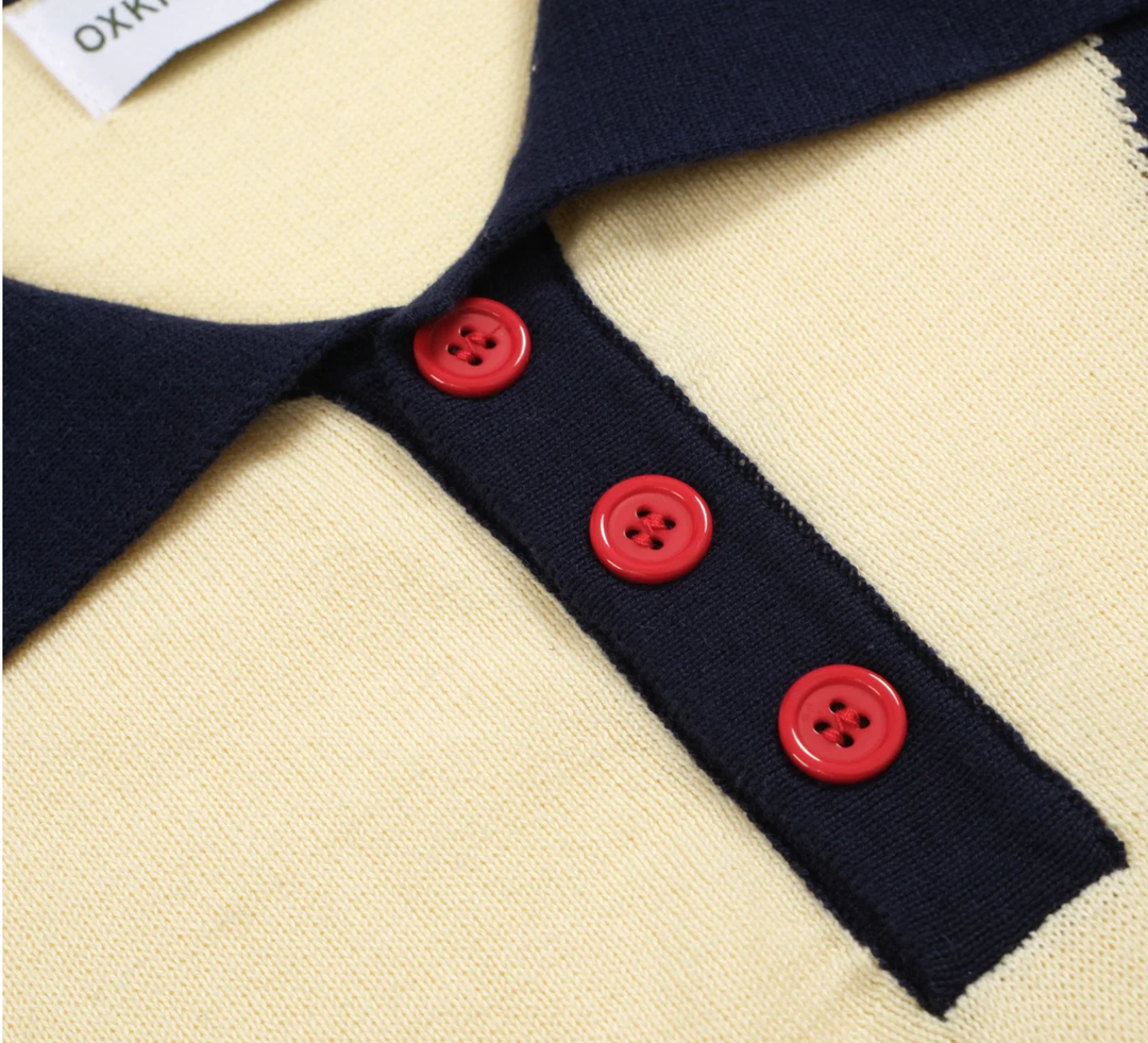 60s Star Print Knit Polo Navy & Cream Retro Mod Style