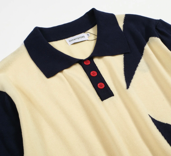 60s Star Print Knit Polo Navy & Cream Retro Mod Style