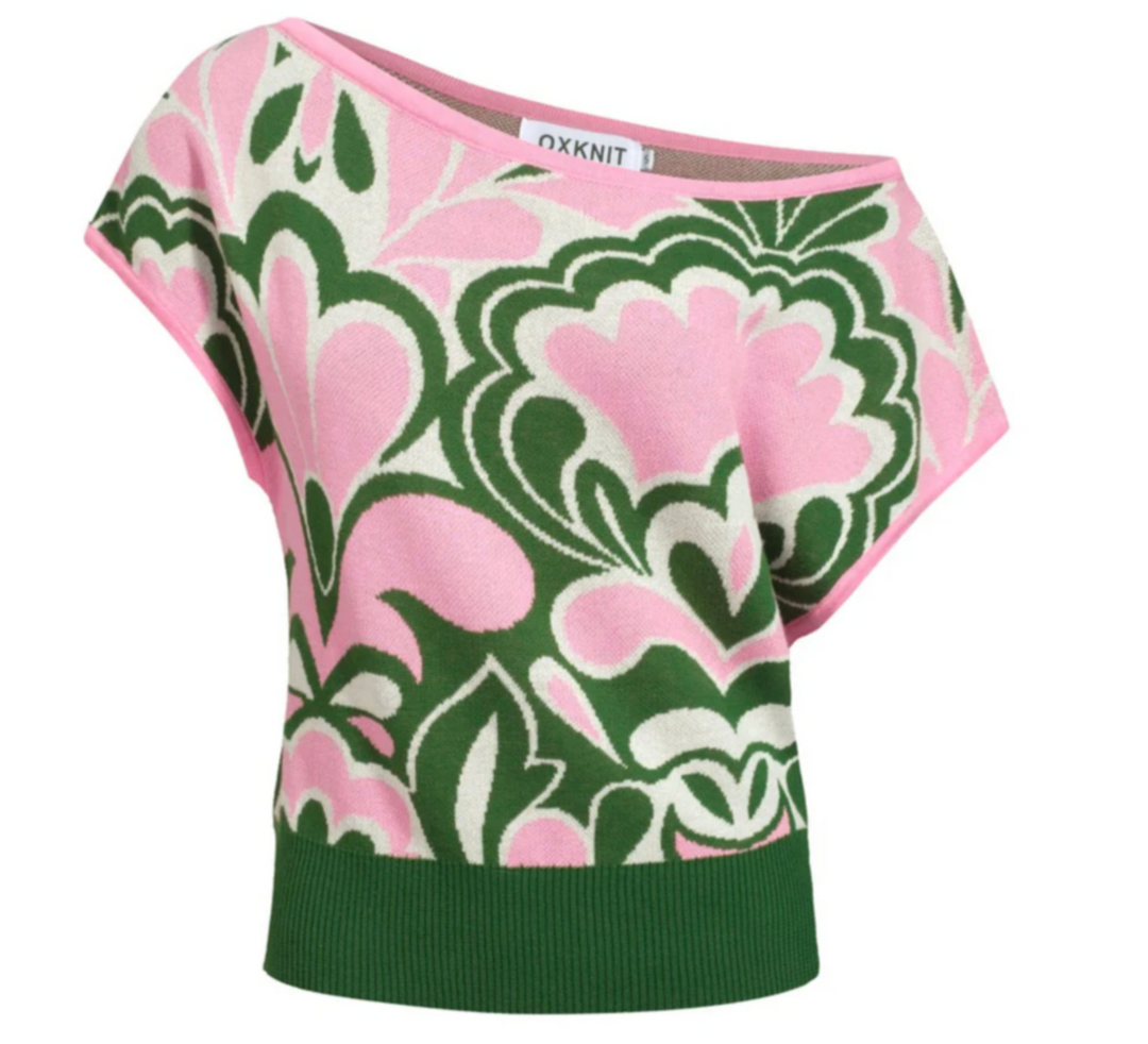 Floral Jacquard Slant Shoulder T-Shirt Pink/Green