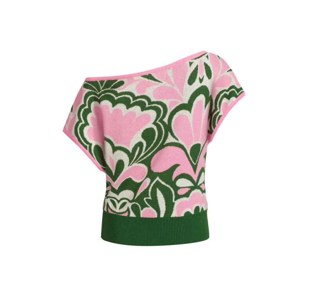 Floral Jacquard Slant Shoulder T-Shirt Pink/Green