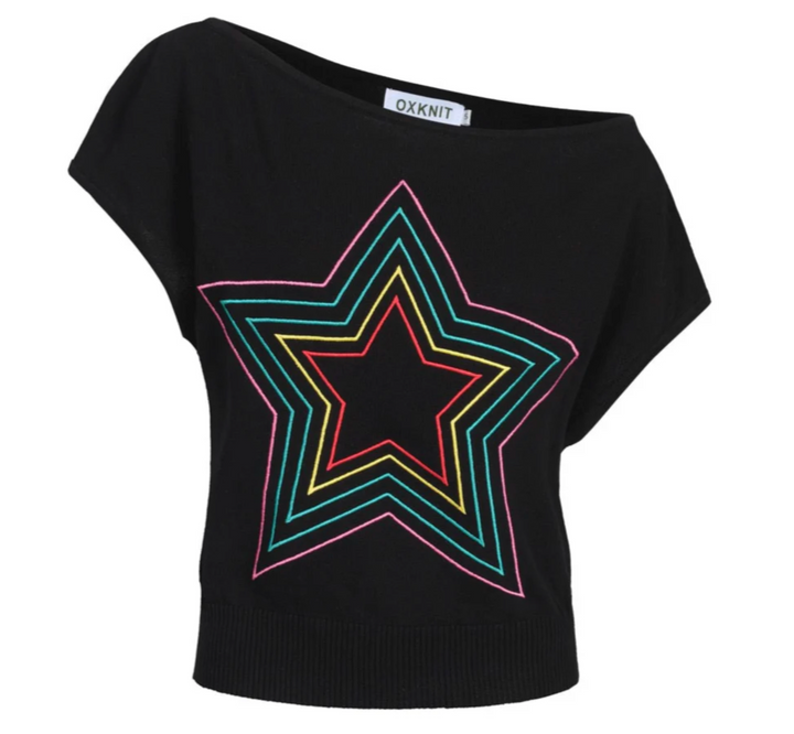 Retro Star Knitted Plaid Shoulder-Sleeved T-shirt Black/Star
