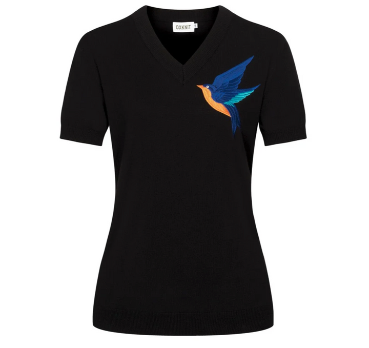 Classic Black Bird Embroidered knit T-shirt