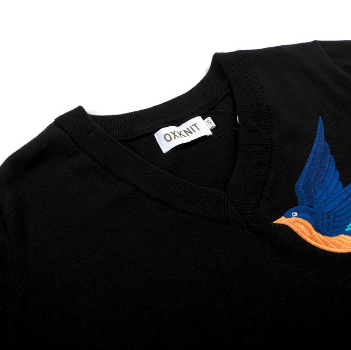 Classic Black Bird Embroidered knit T-shirt