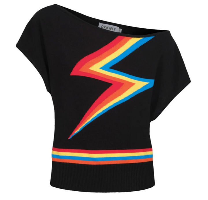Retro Star Knitted Plaid Shoulder-Sleeved Tee Black / Lightning