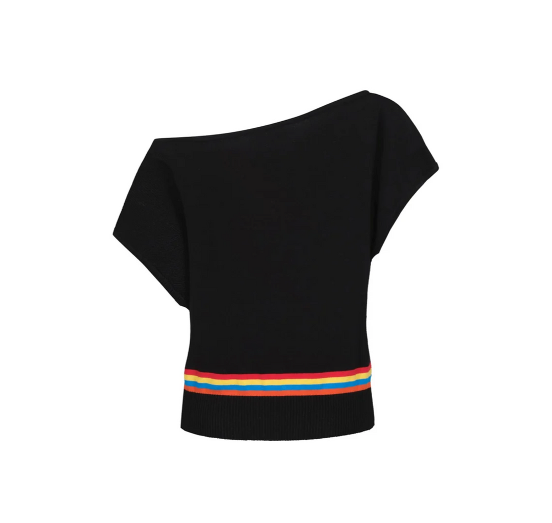 Retro Star Knitted Plaid Shoulder-Sleeved Tee Black / Lightning