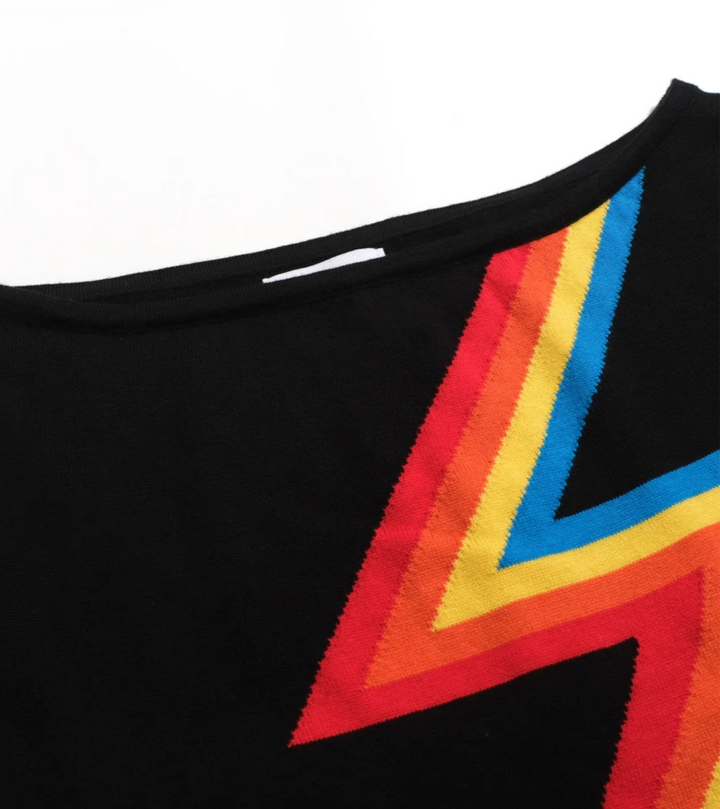 Retro Star Knitted Plaid Shoulder-Sleeved Tee Black / Lightning