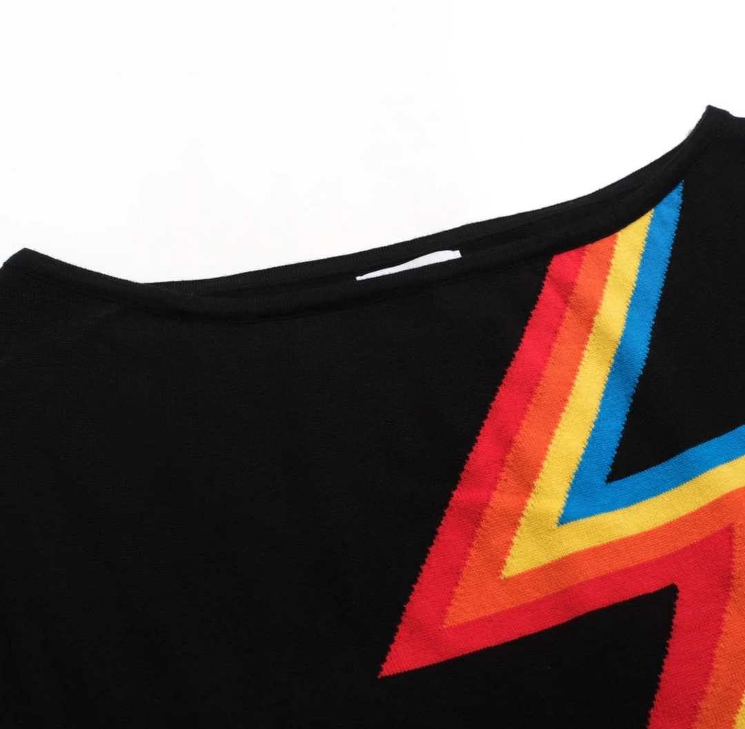 Retro Star Knitted Plaid Shoulder-Sleeved Tee Black / Lightning