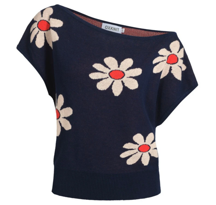 Retro Knitted Shoulder-Sleeved T-shirt Blue Floral