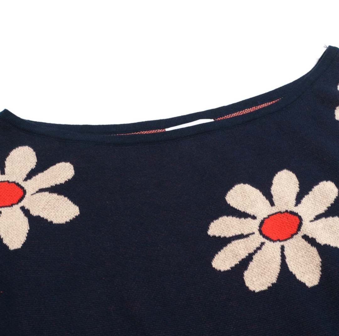 Retro Knitted Shoulder-Sleeved T-shirt Blue Floral