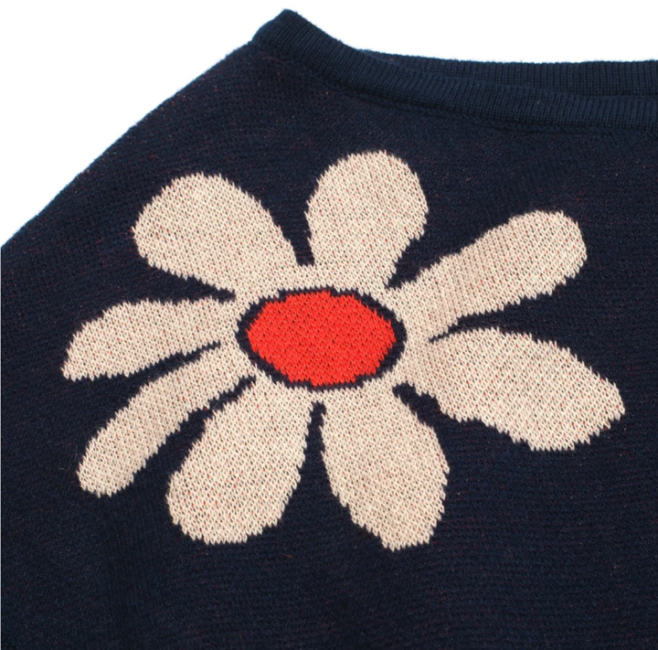 Retro Knitted Shoulder-Sleeved T-shirt Blue Floral
