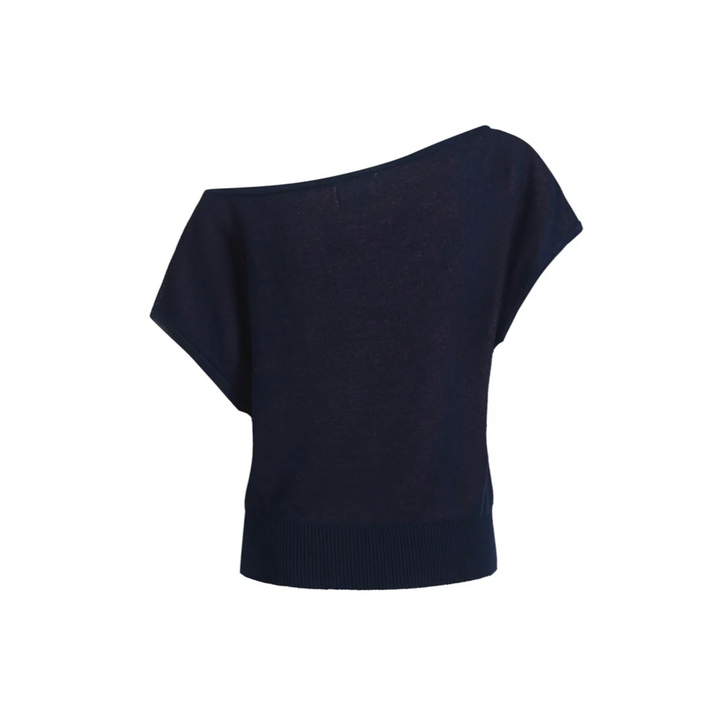 Retro Knitted Shoulder-Sleeved T-shirt Blue Floral