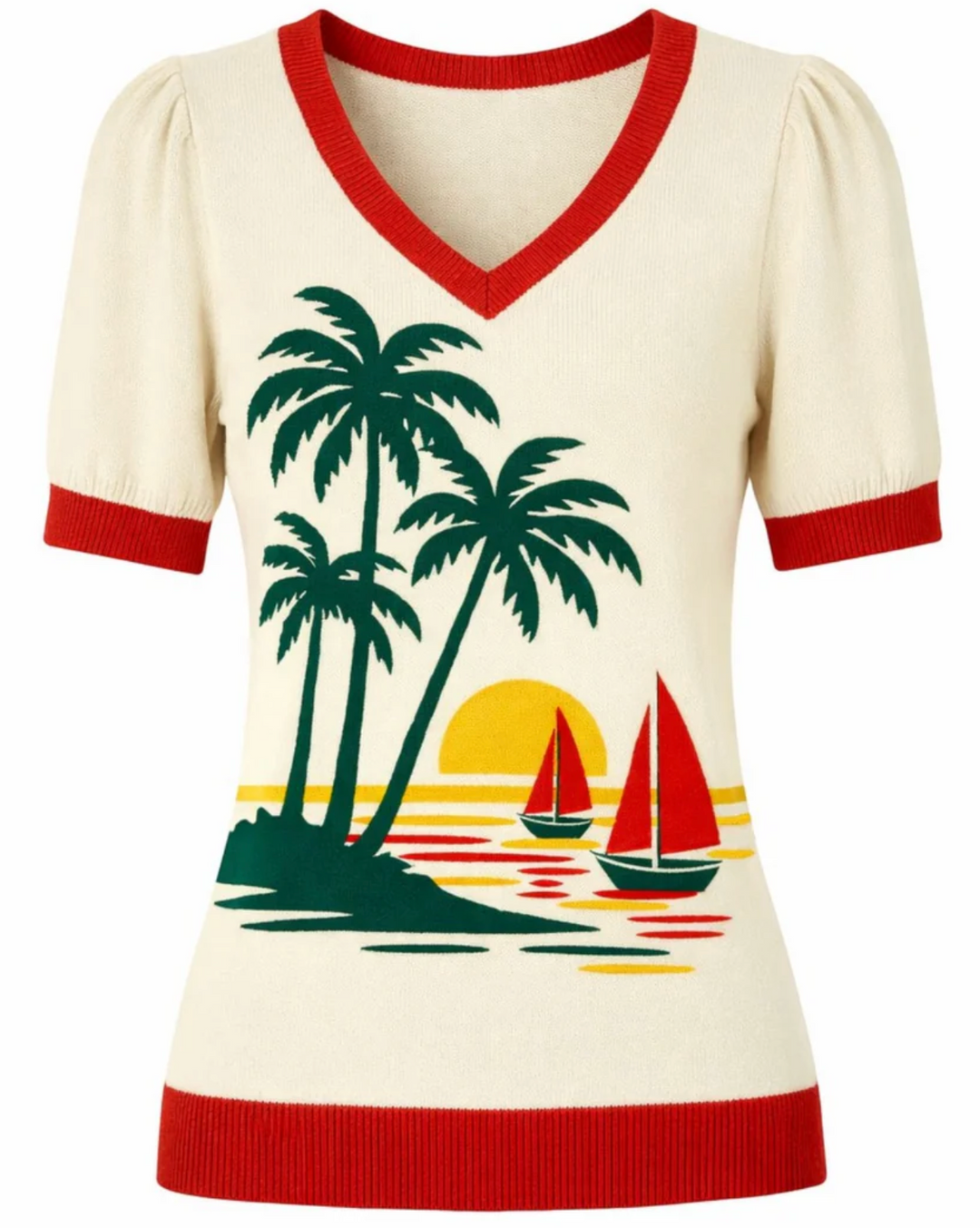 Off-White Retro Tropical Resort Style Knitted V-Neck T-Shirt