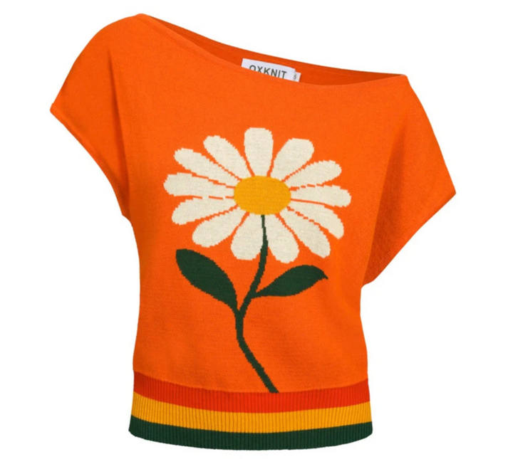 Retro Knitted Shoulder-Sleeved T-shirt Orange Daisy