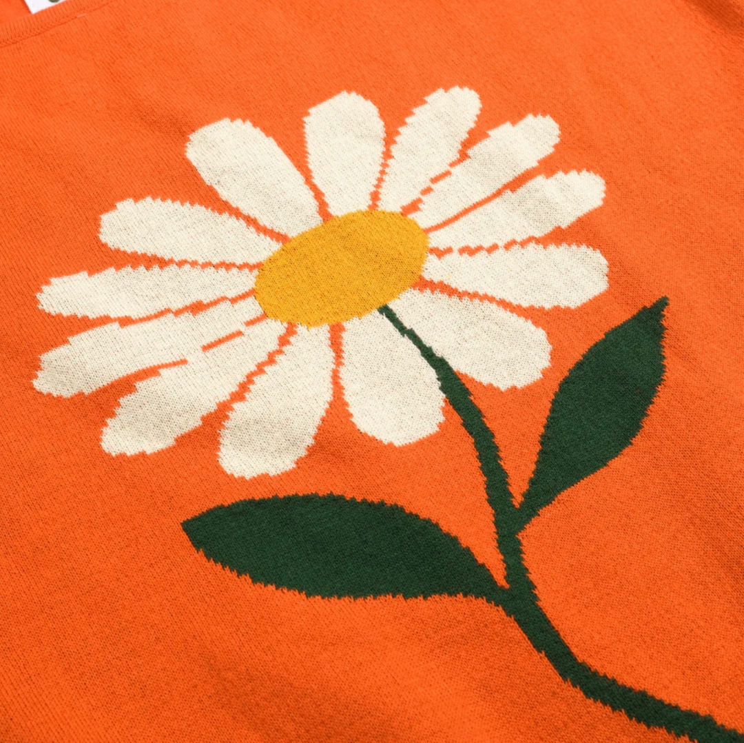 Retro Knitted Shoulder-Sleeved T-shirt Orange Daisy