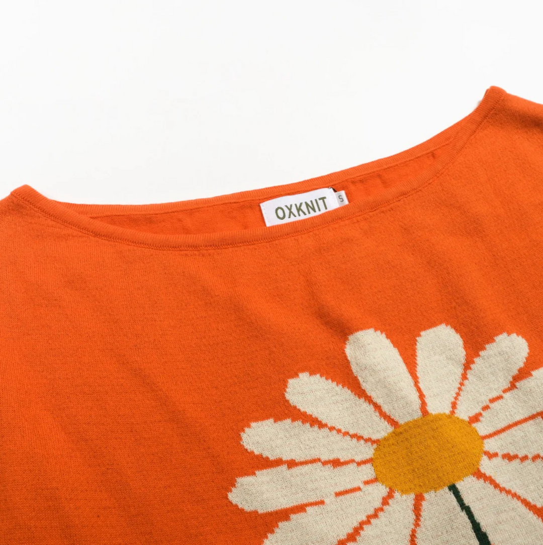Retro Knitted Shoulder-Sleeved T-shirt Orange Daisy