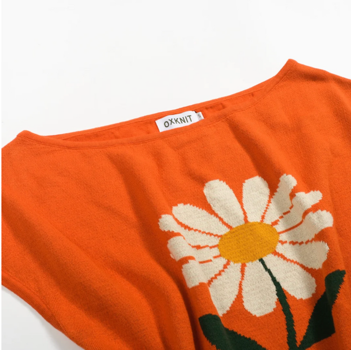 Retro Knitted Shoulder-Sleeved T-shirt Orange Daisy