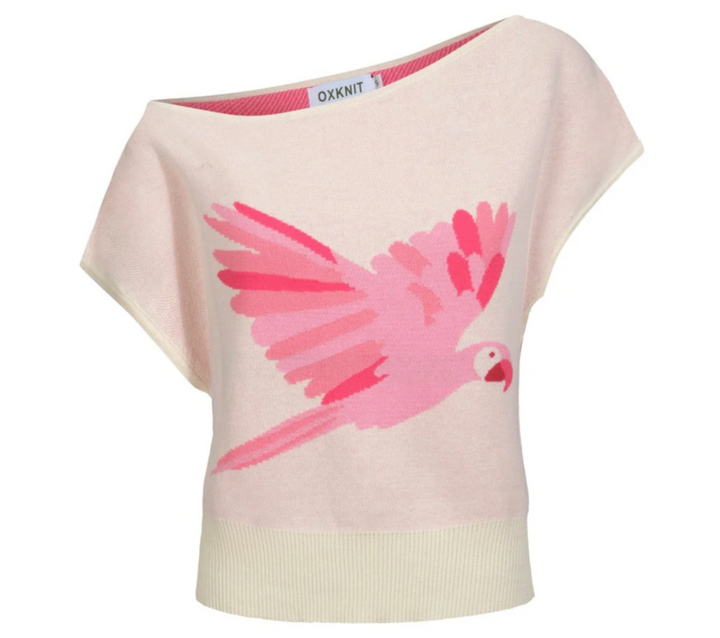 Retro Knitted Shoulder-Sleeved T-shirt Pink Parrot