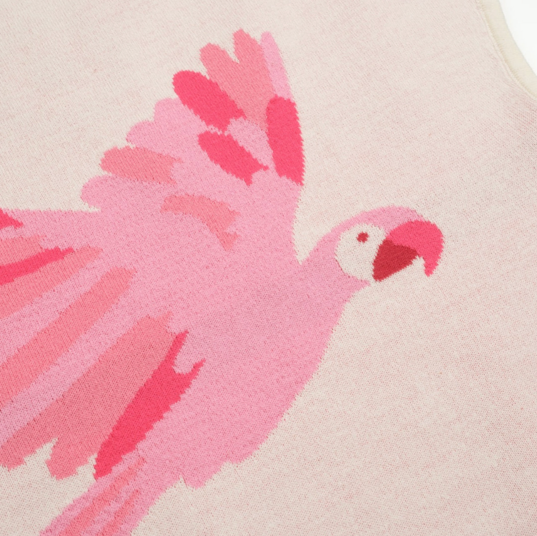 Retro Knitted Shoulder-Sleeved T-shirt Pink Parrot