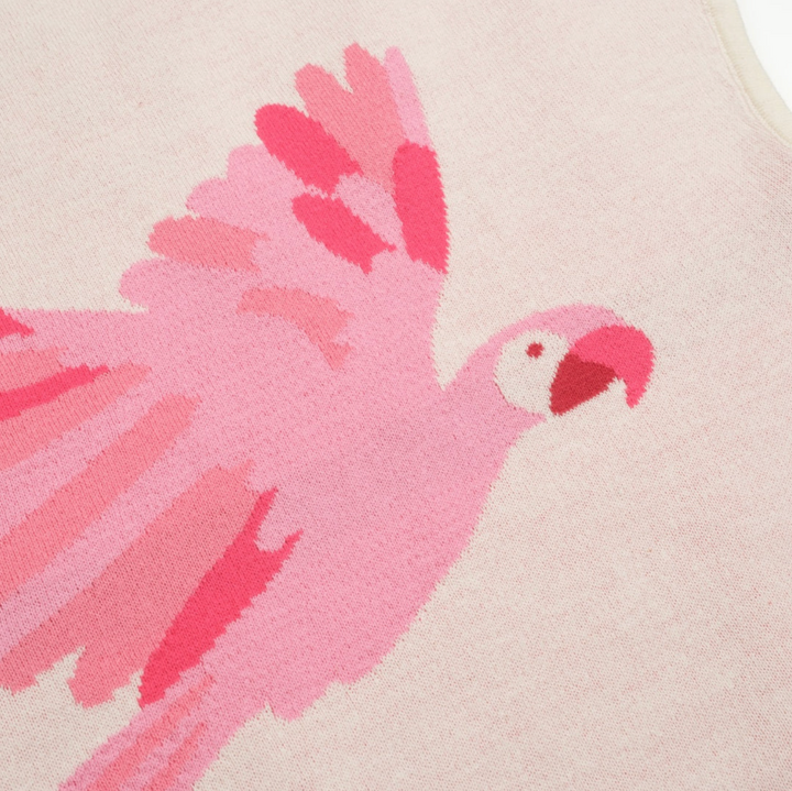 Retro Knitted Shoulder-Sleeved T-shirt Pink Parrot