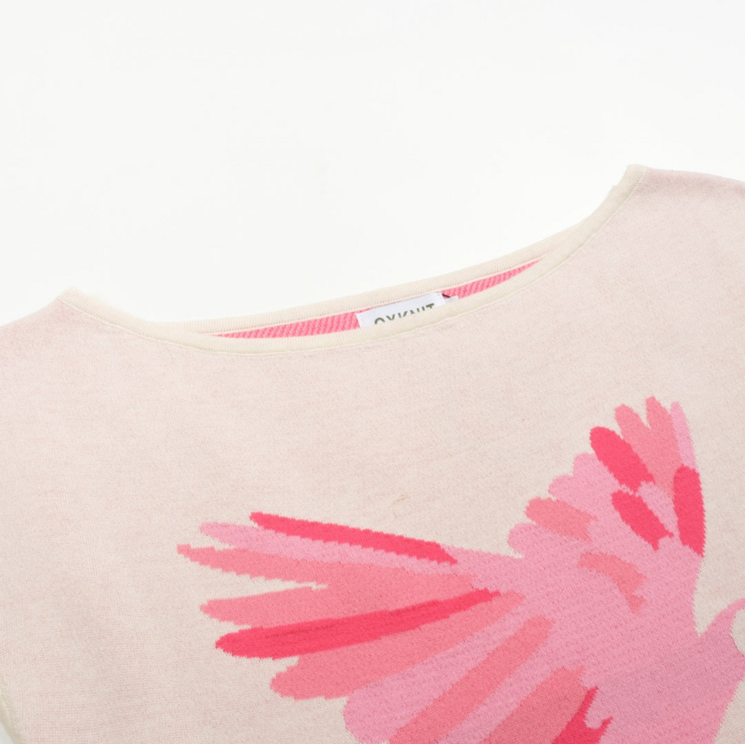 Retro Knitted Shoulder-Sleeved T-shirt Pink Parrot