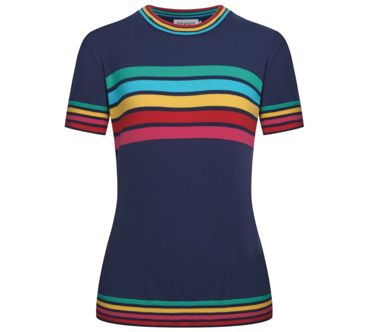 Dark Blue Rainbow Striped Classic Jacquard Knit T-Shirt