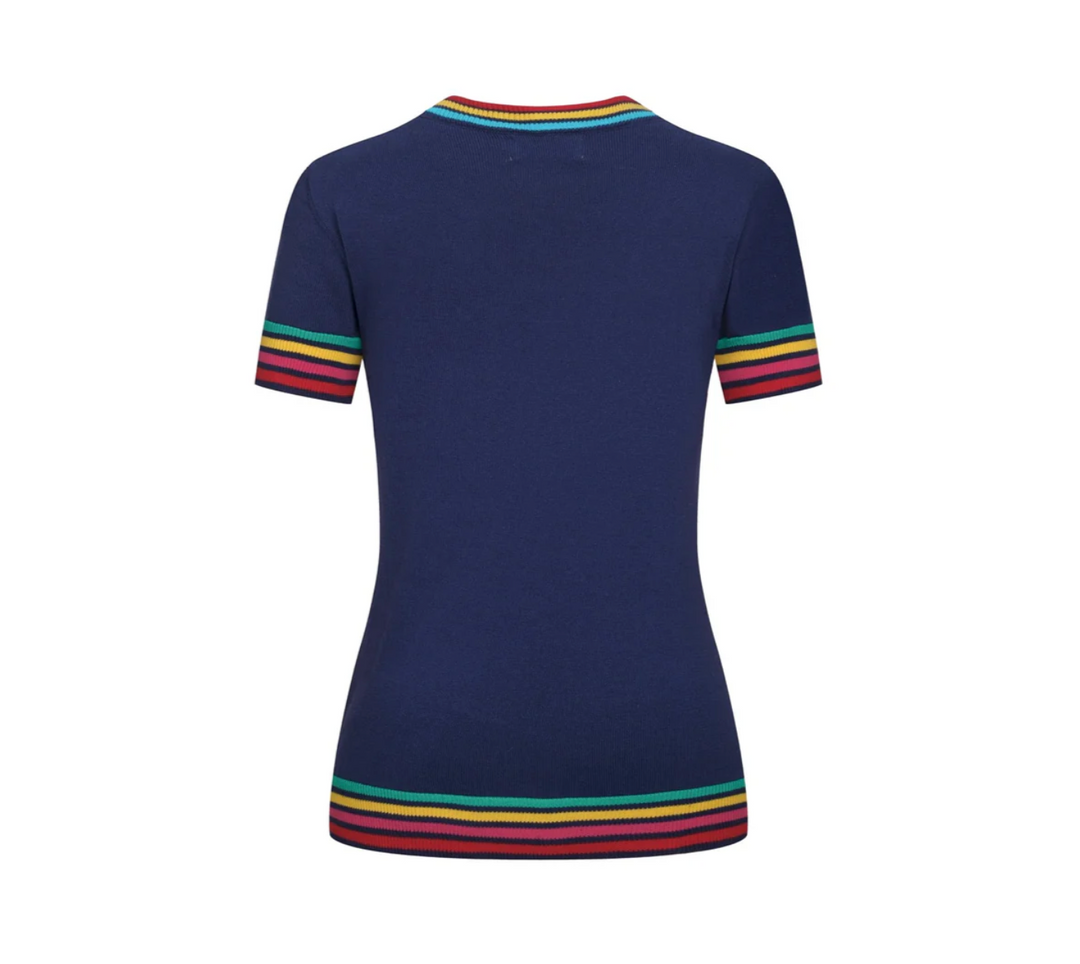 Dark Blue Rainbow Striped Classic Jacquard Knit T-Shirt