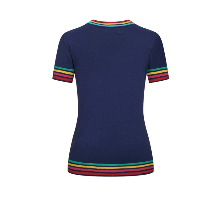 Dark Blue Rainbow Striped Classic Jacquard Knit T-Shirt
