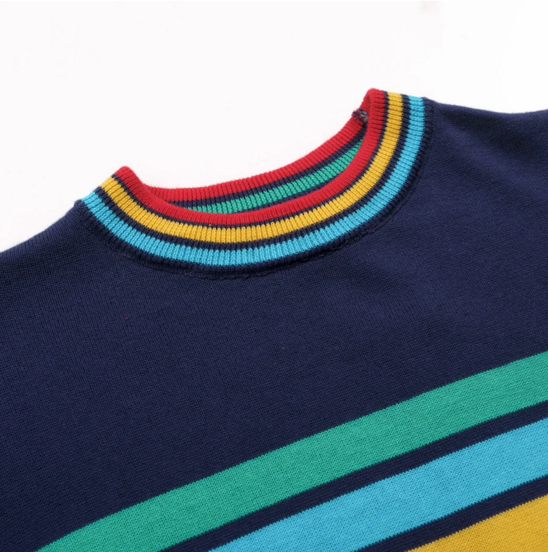 Dark Blue Rainbow Striped Classic Jacquard Knit T-Shirt