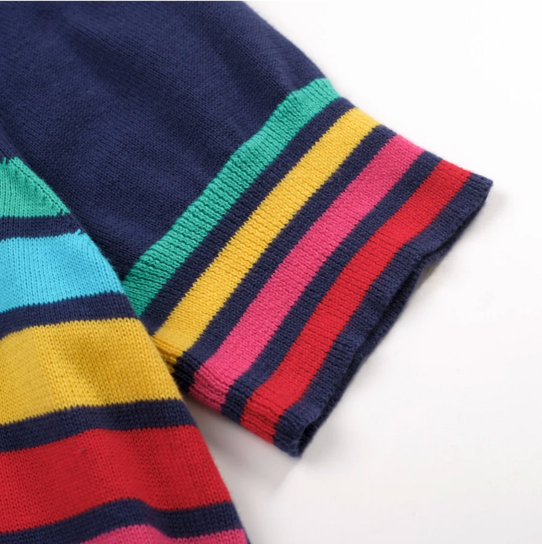 Dark Blue Rainbow Striped Classic Jacquard Knit T-Shirt