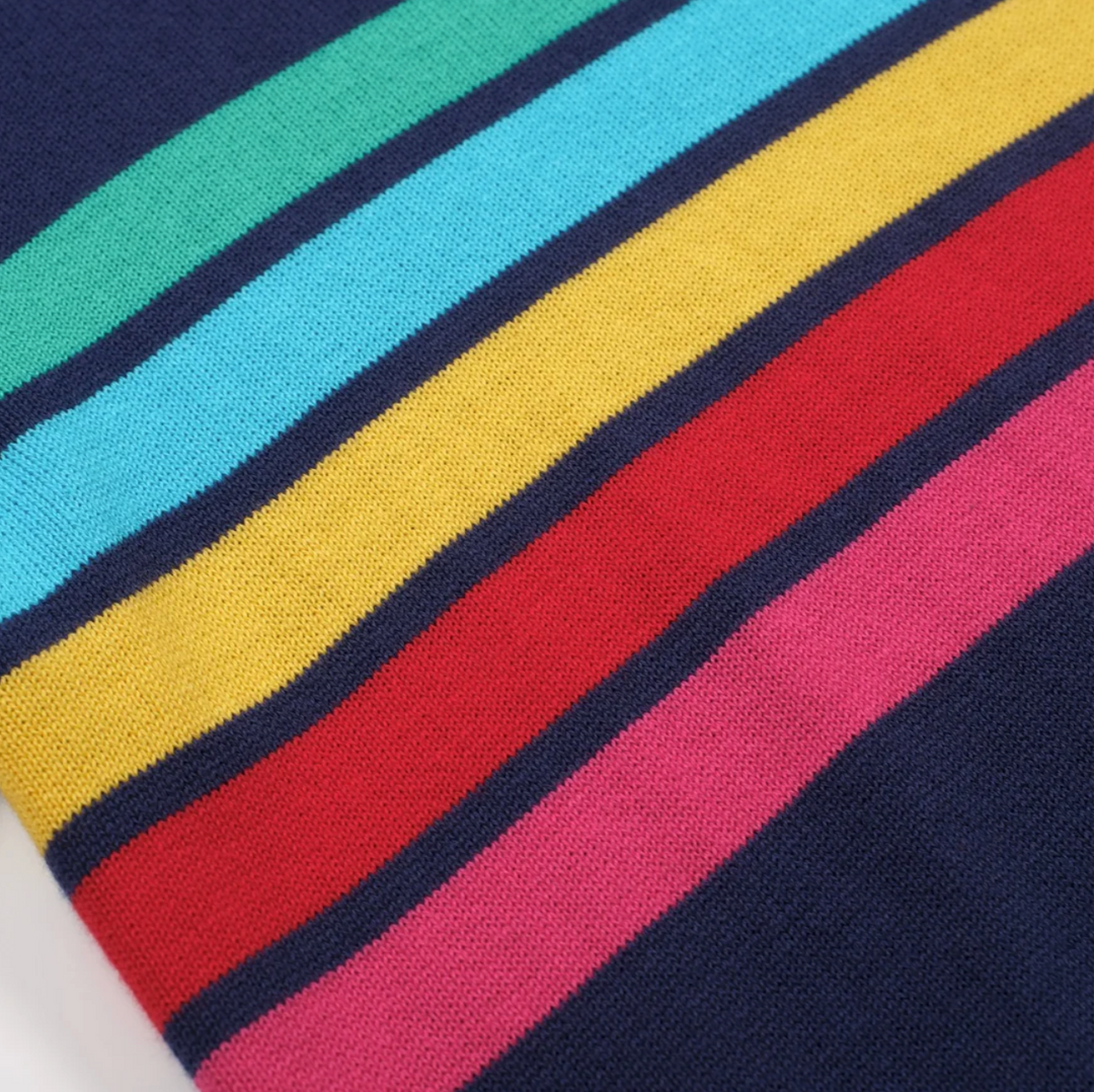 Dark Blue Rainbow Striped Classic Jacquard Knit T-Shirt