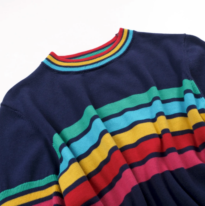 Dark Blue Rainbow Striped Classic Jacquard Knit T-Shirt