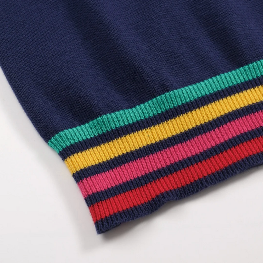 Dark Blue Rainbow Striped Classic Jacquard Knit T-Shirt