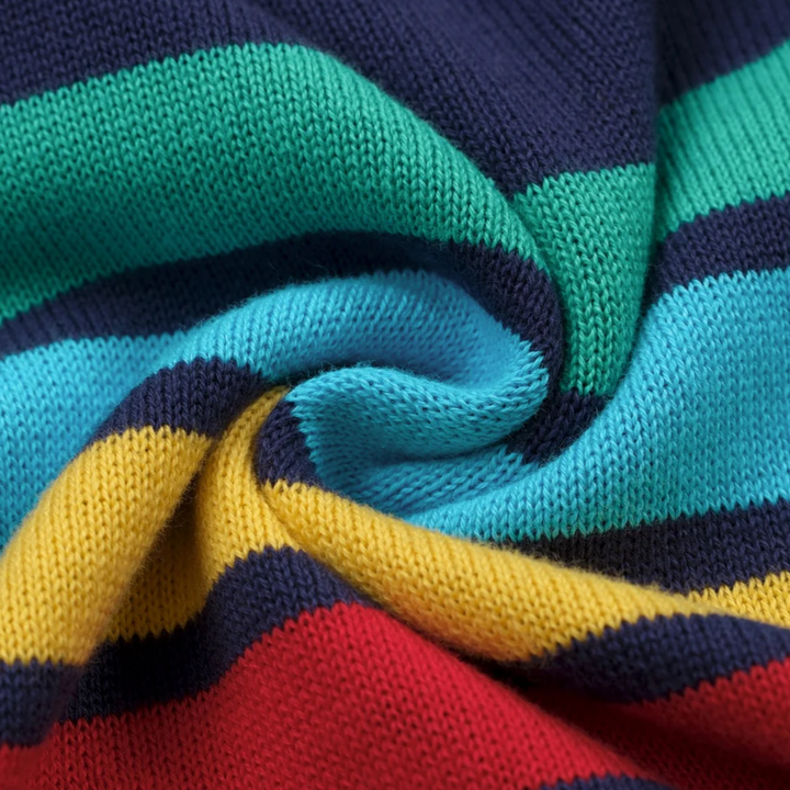Dark Blue Rainbow Striped Classic Jacquard Knit T-Shirt