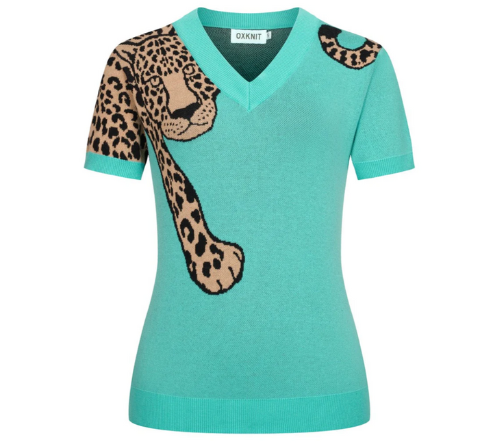 Green V-Neck Leopard Print Knit T-Shirt