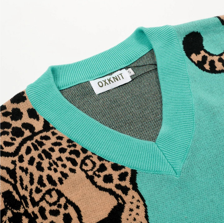 Green V-Neck Leopard Print Knit T-Shirt