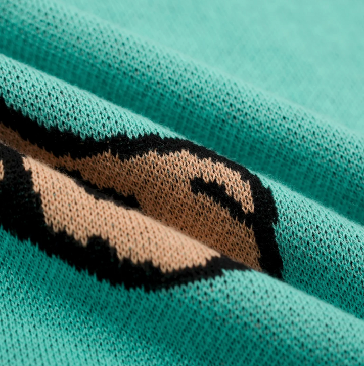 Green V-Neck Leopard Print Knit T-Shirt