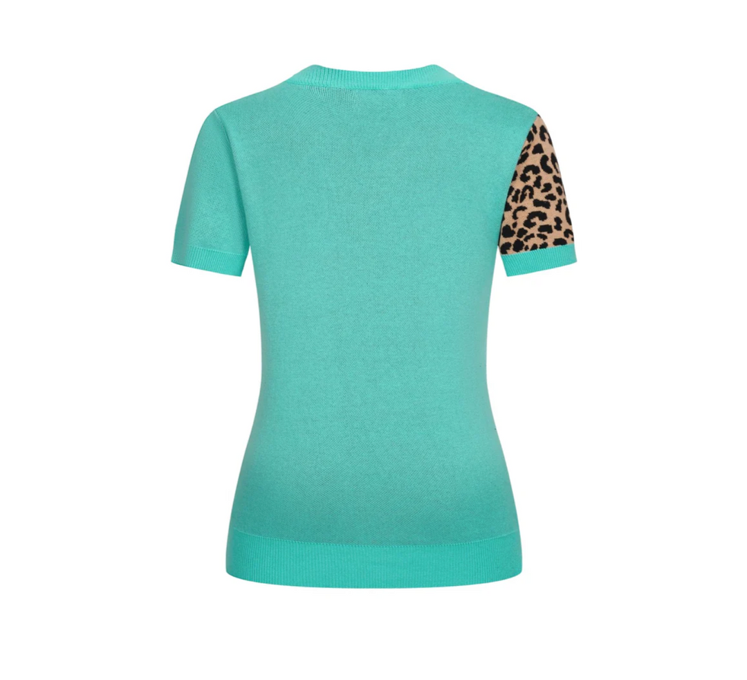 Green V-Neck Leopard Print Knit T-Shirt