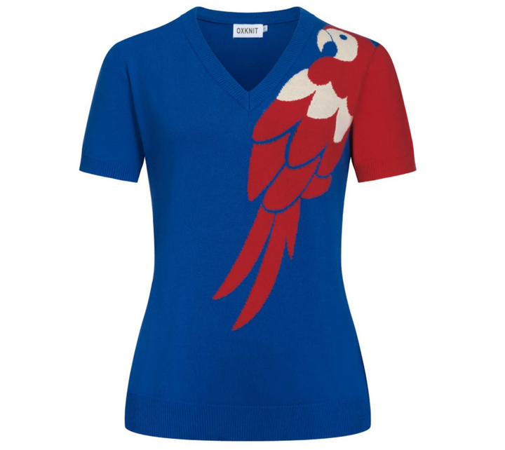 Blue Retro Tropical Art Style Jacquard V-Neck Knit T-Shirt
