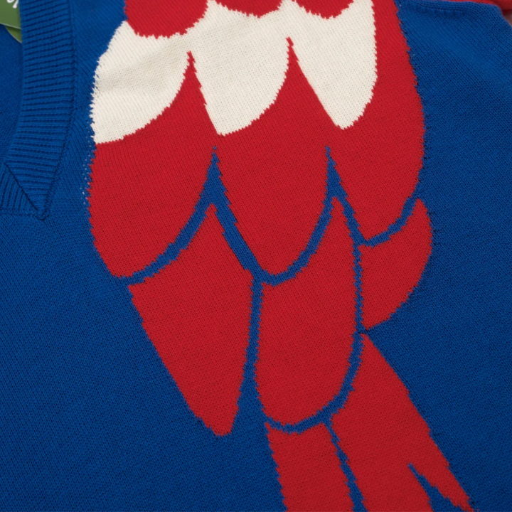 Blue Retro Tropical Art Style Jacquard V-Neck Knit T-Shirt