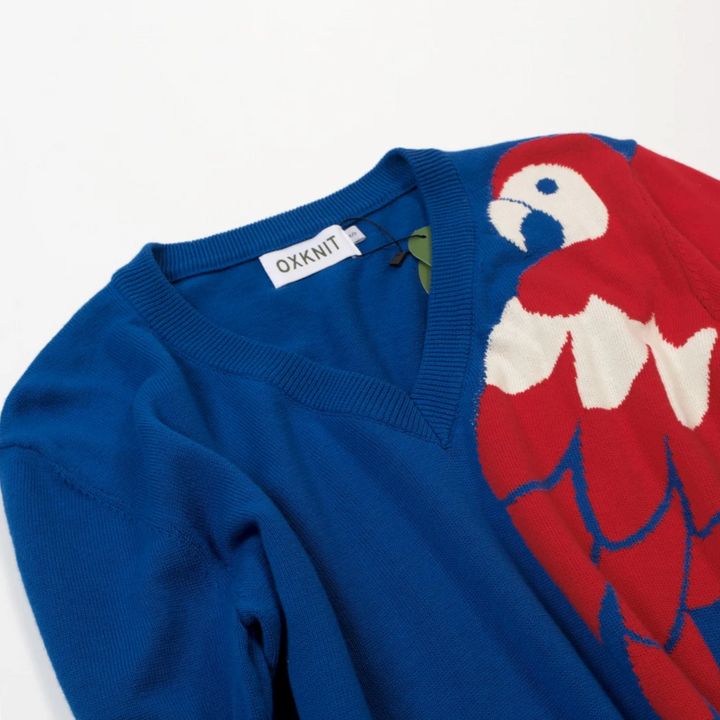 Blue Retro Tropical Art Style Jacquard V-Neck Knit T-Shirt