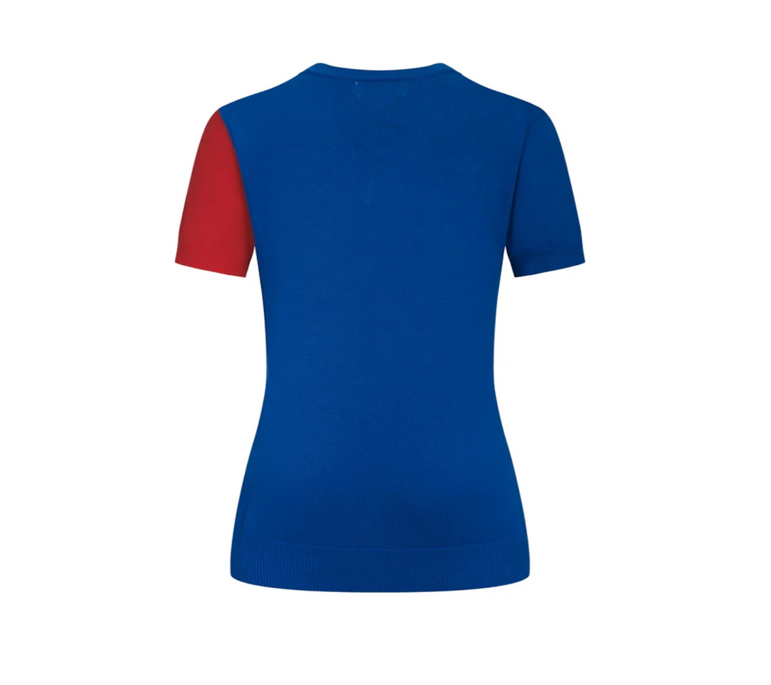Blue Retro Tropical Art Style Jacquard V-Neck Knit T-Shirt