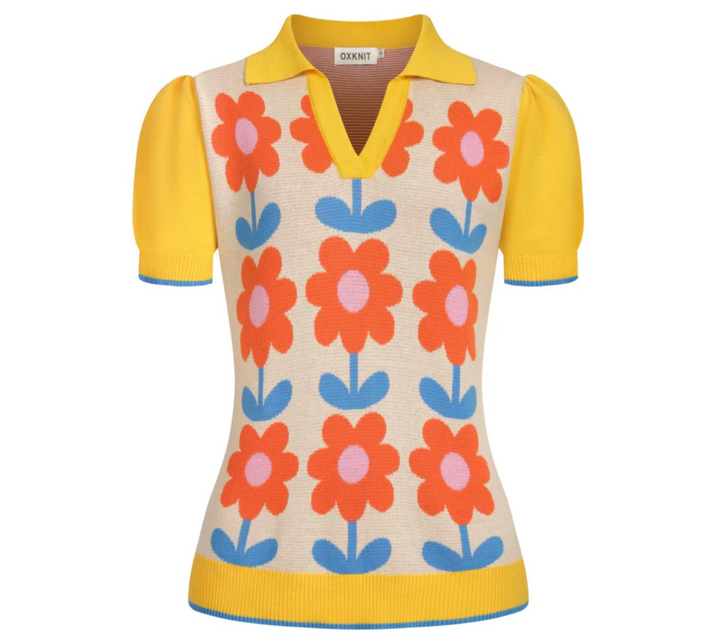 Cream/Yellow Retro Hippie Floral Jacquard Polo
