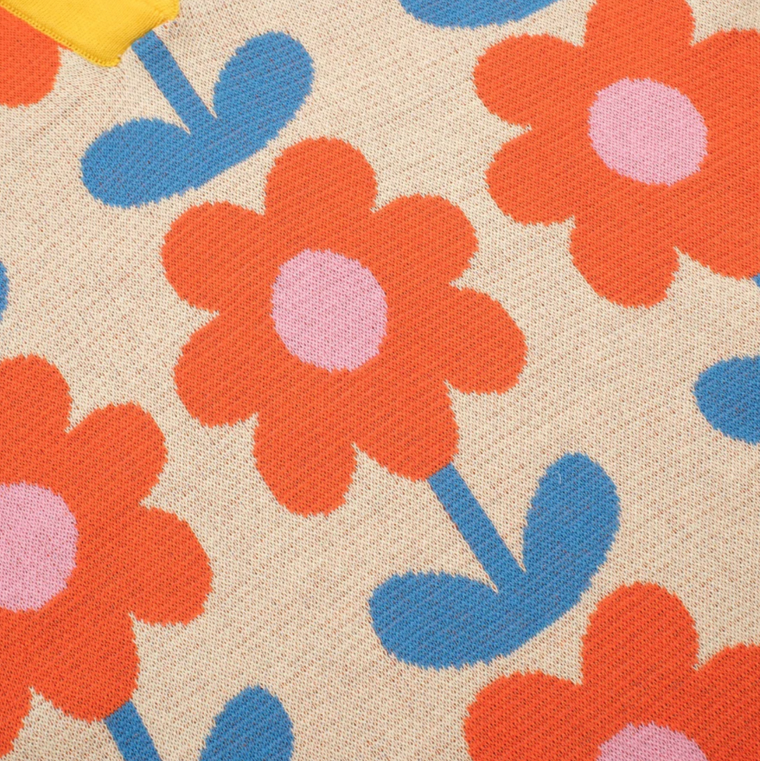 Cream/Yellow Retro Hippie Floral Jacquard Polo