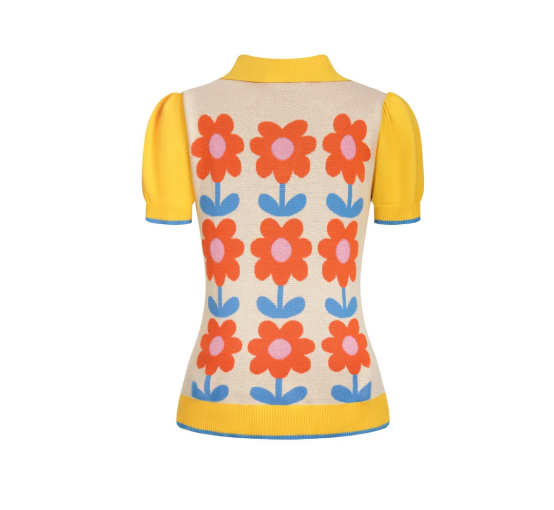 Cream/Yellow Retro Hippie Floral Jacquard Polo