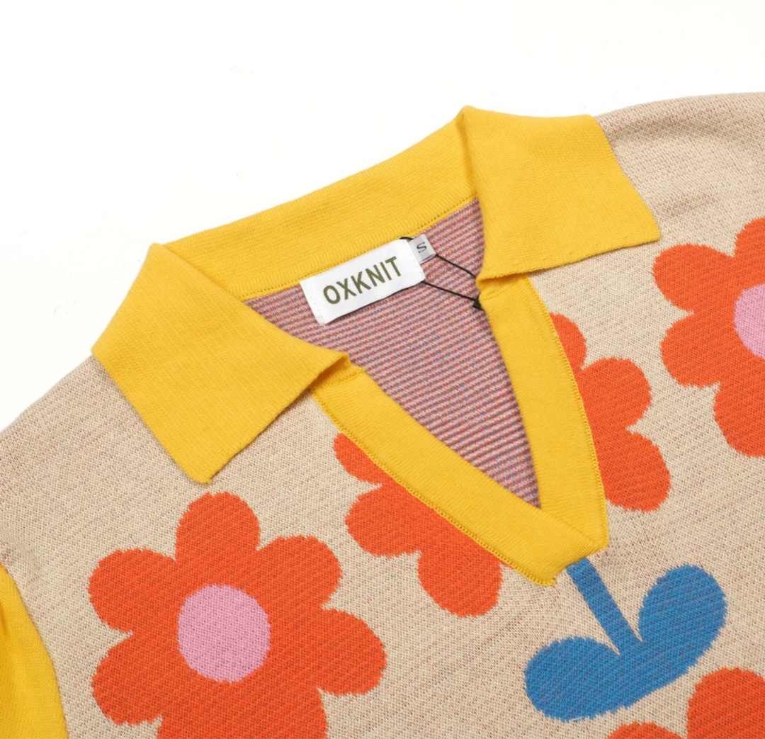Cream/Yellow Retro Hippie Floral Jacquard Polo